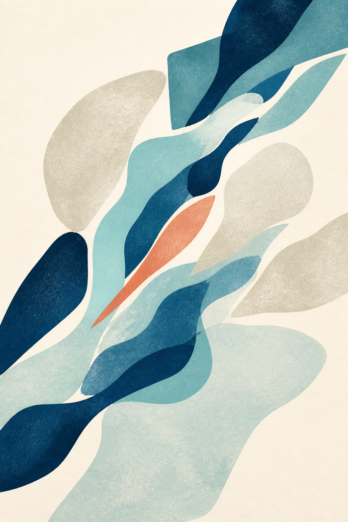 Interlocking Currents, lámina abstracta vertical en azul profundo