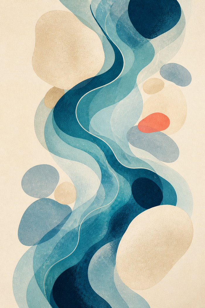 Mineral Current, lámina abstracta vertical en azul profundo