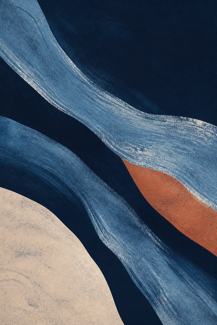Tidal Vector, lámina abstracta vertical en azul mineral